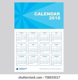 Calendar template for year 2018. Vector design. Week starts sunday.