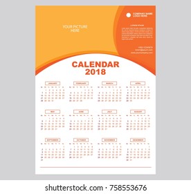 Calendar template for year 2018. Vector design. You can put your picture and text on headline