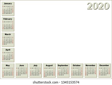 A calendar template for a year 2020.