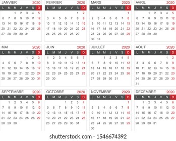 Calendar template for the year 2020