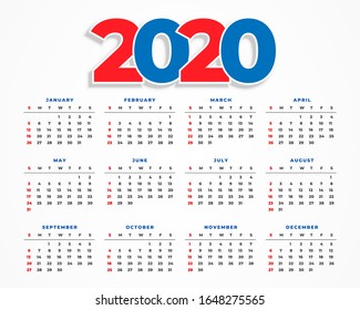Calendar template for year 2020