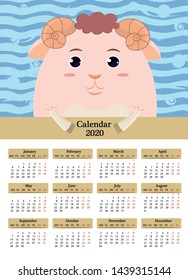 Calendar template for the year 2020. Children's poster with a sheep on a blue background. Stationery design. The week starts on Monday. 12 months on the page. Vector illustration.