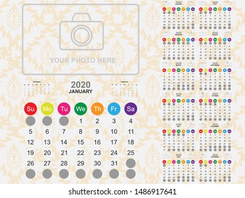 Calendar template for year 2020 collection. Template for planning and create to do list in year 2020. Vector EPS10