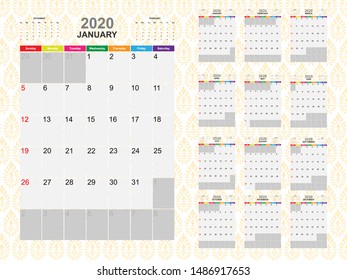 Calendar template for year 2020 collection. Template for planning and create to do list in year 2020. Vector EPS10
