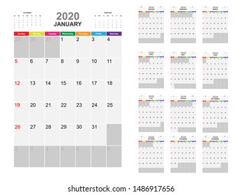 Calendar template for year 2020 collection. Template for planning and create to do list in year 2020. Vector EPS10