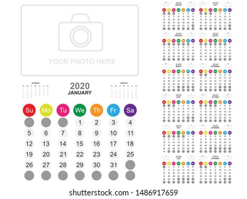 Calendar template for year 2020 collection. Template for planning and create to do list in year 2020. Vector EPS10
