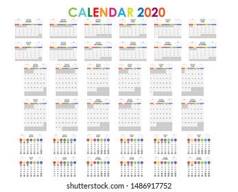 Calendar template for year 2020 collection. Template for planning and create to do list in year 2020. Vector EPS10