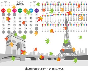 Calendar template for year 2020 with Paris city background collection. Template for planning and create to do list in year 2020. Vector EPS10