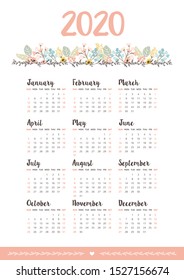 Calendar template for the year 2020 vector, beautiful calendar with floral decoration and pastel colors
