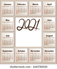 A calendar template for a year 2021.