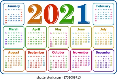 A calendar template for a year 2021.