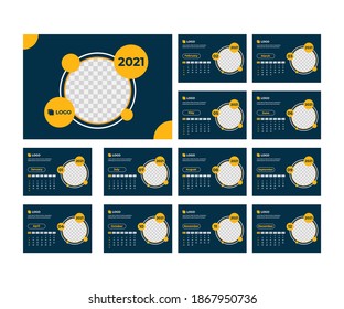 Calendar template for the year 2021. A5 landscape size calendar for 2021 with a blue and yellow color combination. Suitable for corporate or personal use.