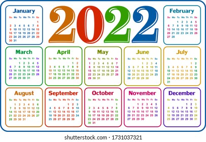 A calendar template for a year 2022.