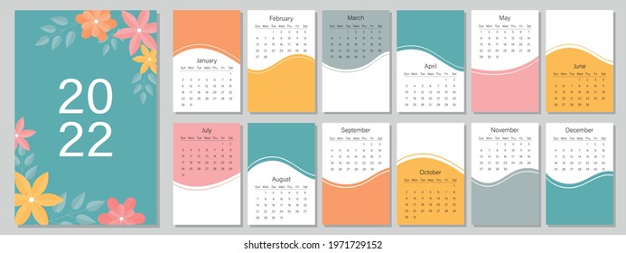 Calendar Template For The Year 2022. Bright Design. A Set Of Pages For 12 Months Of 2022. Vector Illustration. The Week Starts On Sunday.