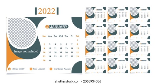 Plantilla del calendario para el año 2022. Diseño brillante. Un conjunto de páginas durante 12 meses de 2022. Ilustración vectorial. La semana empieza el domingo.