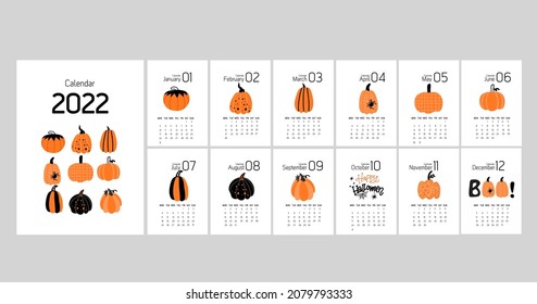 Calendar template for the year 2022 in cute pumpkin hand drawn Illustration concept. A set of pages for 12 months of 2022. Pumpkin calendar design.