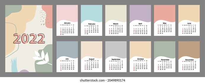 Calendar template for the year 2022. set of pages for 12 months of 2022. Vector illustration. The week starts on Sunday. easy to edit