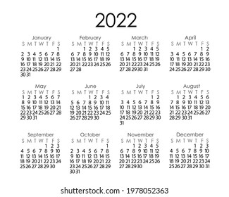 Calendar template for the year 2022 in simple minimalist style, week starts on Sunday, vector printable page 