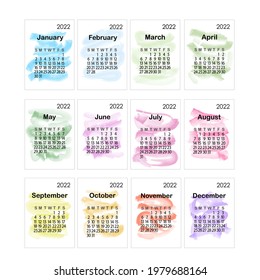 Calendar template for the year 2022 in simple minimalist style, abstract colorful background loose brush strokes, week starts on Sunday, vector printable page 