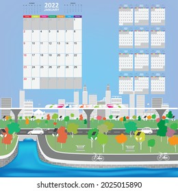 Calendar template for year 2022 with smart and modern city background collection. Template for planning and create to do list in year 2022. Vector EPS10
