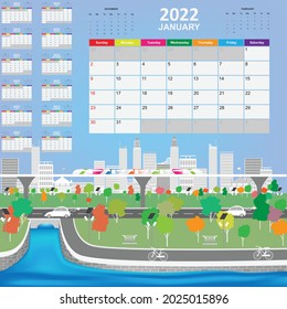 Calendar template for year 2022 with smart and modern city background collection. Template for planning and create to do list in year 2022. Vector EPS10