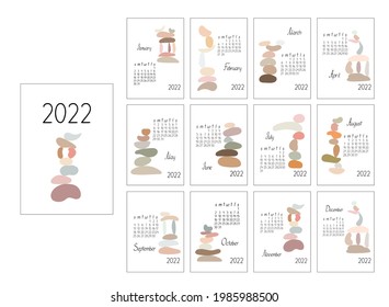 Calendar template year 2022 zen stones abstract vector boho illustration in simple minimalist style, relax, meditation, yoga concept, week starts on Sunday, vector printable page 