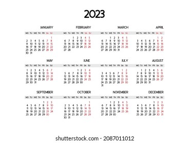 Plantilla del calendario para el año 2023. El comienzo de la semana es el lunes. Resalta las vacaciones deseadas en rojo. Diseño de vectores