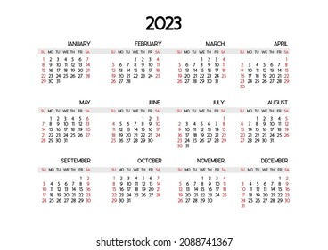 Calendar template for the year 2023. The beginning of the week is Sunday. Highlight the desired holidays in red. Vector design