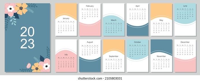 Calendar template for the year 2023. Bright design. A set of pages for 12 months of 2023. Vector illustration. The week starts on Monday.