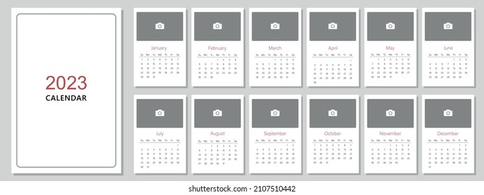 Calendar template for the year 2023. A place for a photo. A set of pages for 12 months of 2023. Vector illustration. The week starts on Sunday.