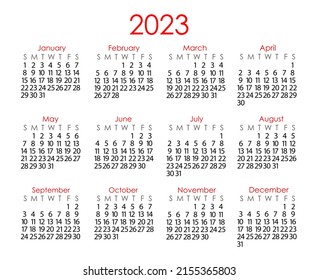 Calendar template for the year 2023 in simple minimalist style, week starts on Sunday, vector printable page