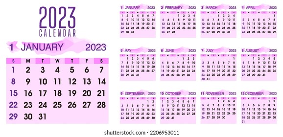 Calendar template for the year 2023. Starting on Sunday. Wall calendar in modern style.