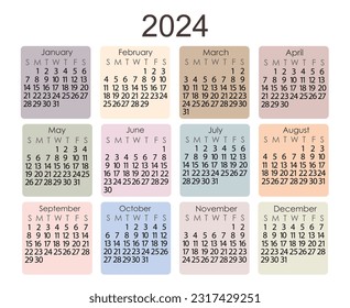 Calendar template for the year 2024 in simple minimalist style horizontal orientation, abstract colorful boho pastel colored square shape background, week starts on Sunday, vector printable page