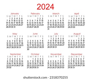 Calendar template for the year 2024 in simple minimalist style, week starts on Sunday, vector printable page