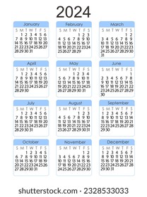 Calendar template for the year 2024 in simple minimalist style vertical portrait orientation, abstract colorful square shape background, week starts on Sunday, vector printable page