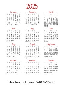 Calendar template for the year 2025 in simple minimalist style, week starts on Sunday, vector printable page
