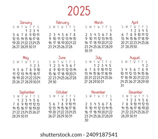 Calendar template for the year 2025 in simple minimalist style, week starts on Sunday, vector printable page