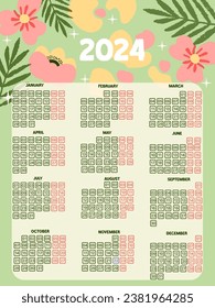 calendar templates for 2024 year vector flat illustration. Colorful creative pages decorated by natural blossom isolated on white calendar posters for notes with naturally  flowers 