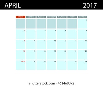 Calendar Templates for April 2017. Week Starts Sunday. Summer 2017. Planner Design Print Template.  Stationery Design