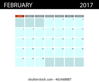 Calendar Templates for  February 2017. Week Starts Sunday. Summer 2017. Planner Design Print Template.  Stationery Design