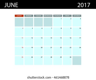 Calendar Templates for June 2017. Week Starts Sunday. Summer 2017. Planner Design Print Template.  Stationery Design