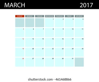 Calendar Templates for  March 2017. Week Starts Sunday. Summer 2017. Planner Design Print Template.  Stationery Design