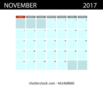 Calendar Templates for  November 2017. Week Starts Sunday. Summer 2017. Planner Design Print Template.  Stationery Design