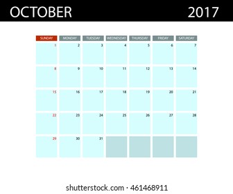 Calendar Templates for  October 2017. Week Starts Sunday. Summer 2017. Planner Design Print Template.  Stationery Design
