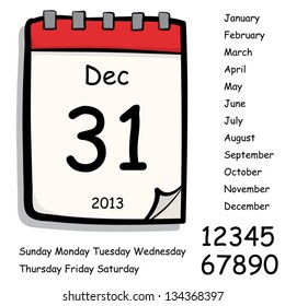 calendar with text set of number, month and day, vector cartoon, illustration, isolated on white background