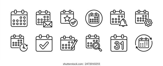 Colección de iconos de línea fina de calendario. Símbolo y signo del calendario. Conteniendo agenda, agenda, evento, recordatorio, gestión de tiempo, invitación, cita, Plan, fecha. Ilustración vectorial