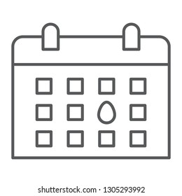Calendar thin line icon, month and day, reminder sign, vector graphics, a linear pattern on a white background, eps 10.