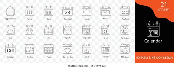 Conjunto de iconos de línea delgada de calendario que contiene iconos de semana, día, hitos, objetivo, evento, día de pago y más trazos