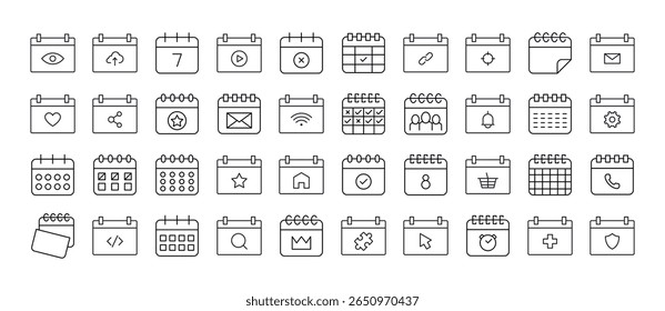 Conjunto de Ícones de Linha Fina do Calendário. Outline Signs para Gráficos e Web Design, Apps, Anúncios, Vários Cartões 