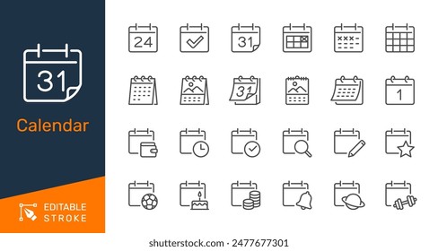 Calendar thin line icons. Editable stroke. Pixel perfect.